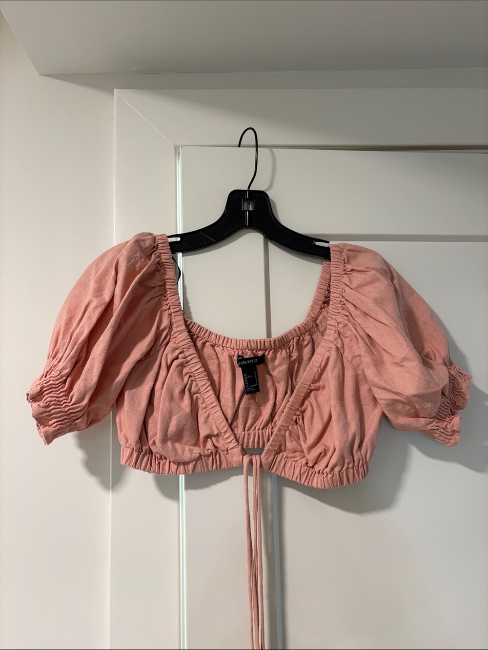 Forever 21 Pink Puff Sleeve Cropped Tie-Front Top